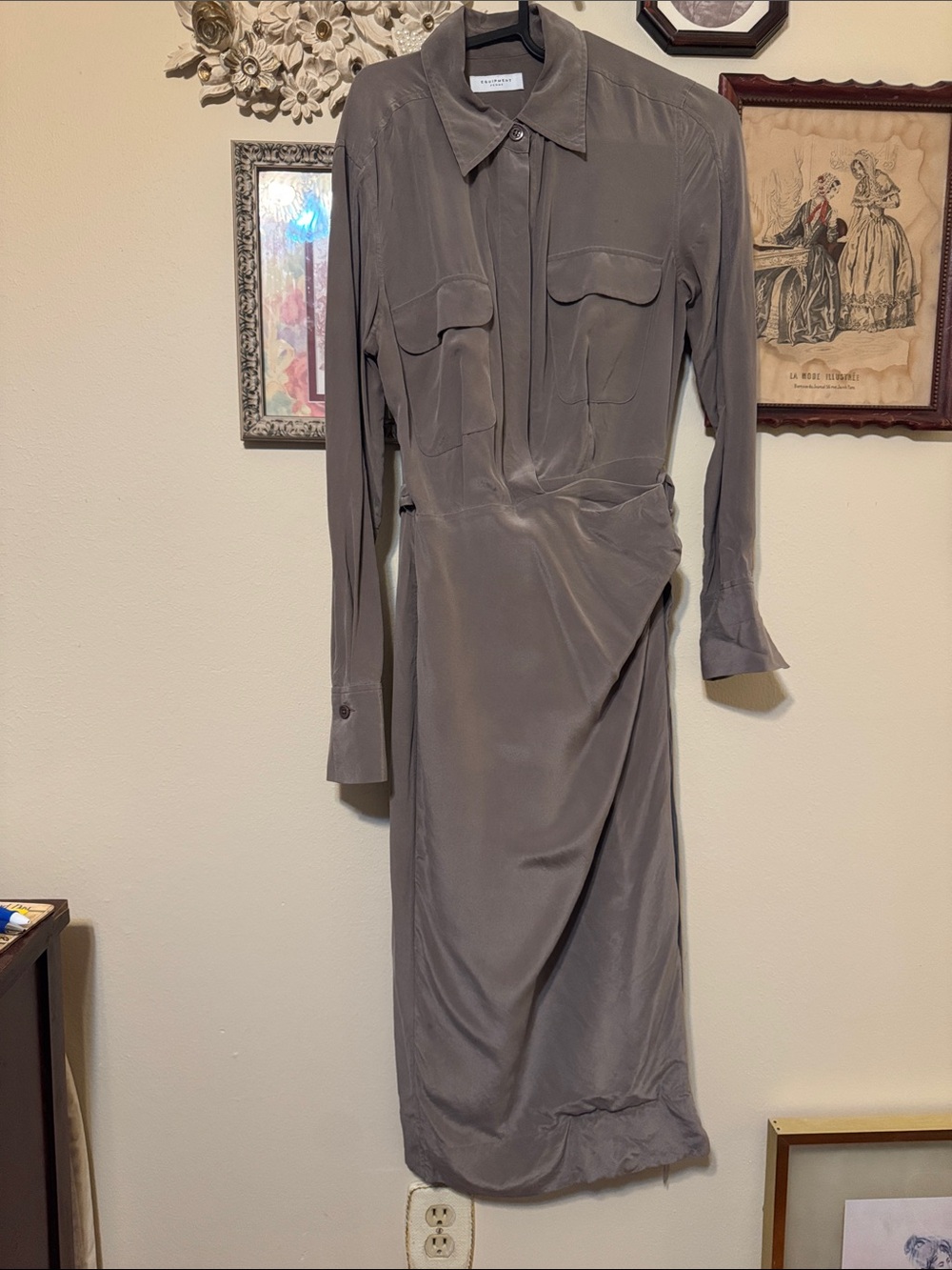 Long-Sleeve 100% Silk Shirtdress in Sage by Equipment Femme